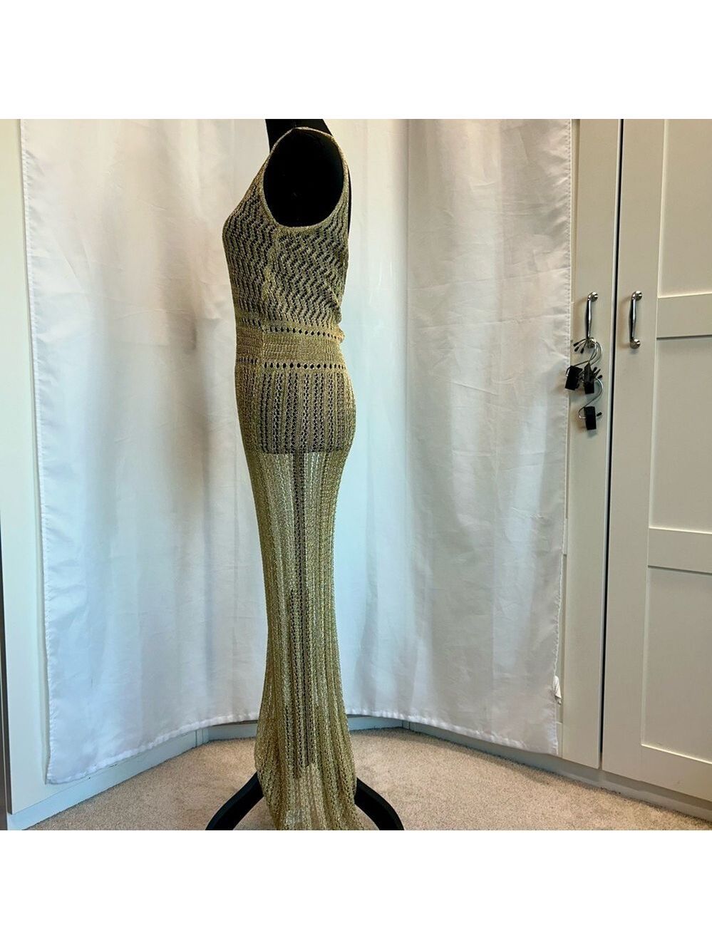 ZARA GOLD FITTED METALLIC THREAD CROCHET KNIT SPAGHETTI STRAP MIDI MAXI DRESS M - Picture 7 of 12